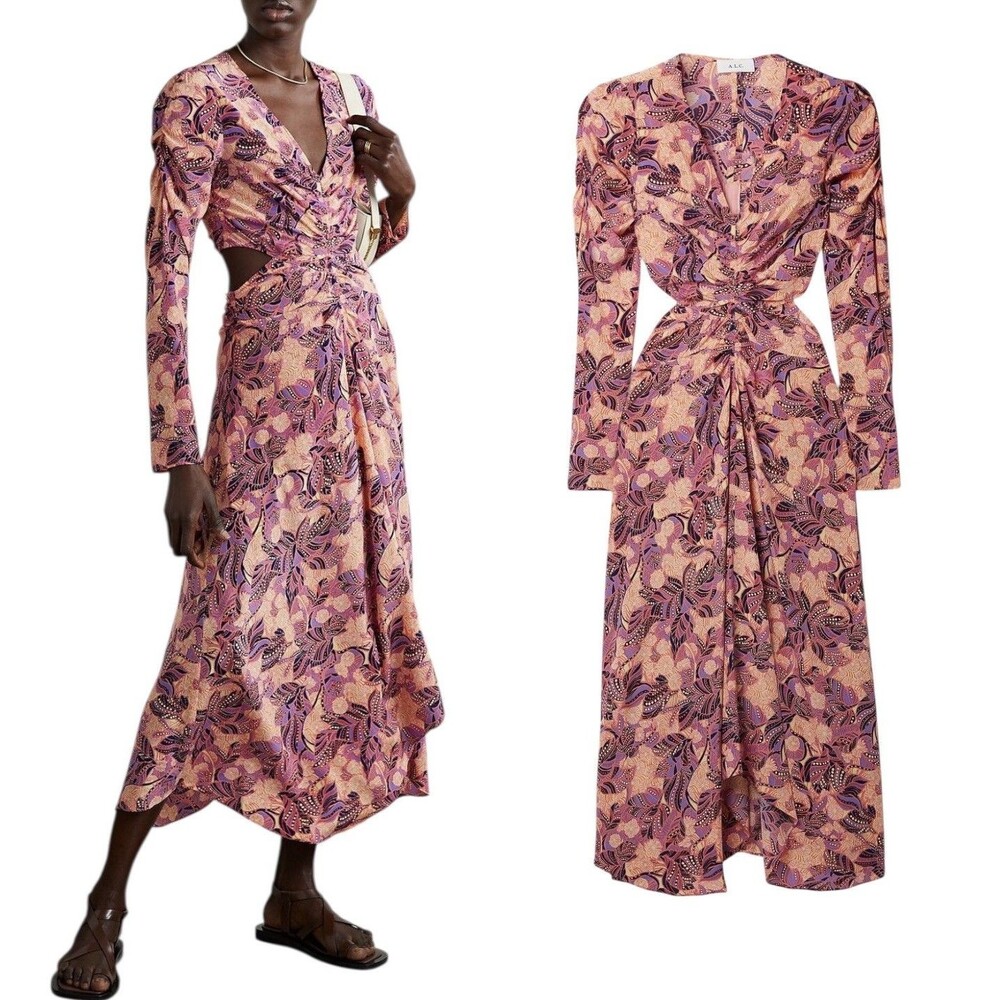 $695 A.L.C. Mona Sz 6 Women Maxi Dress Long Cut Out Back Floral Silk Pink New